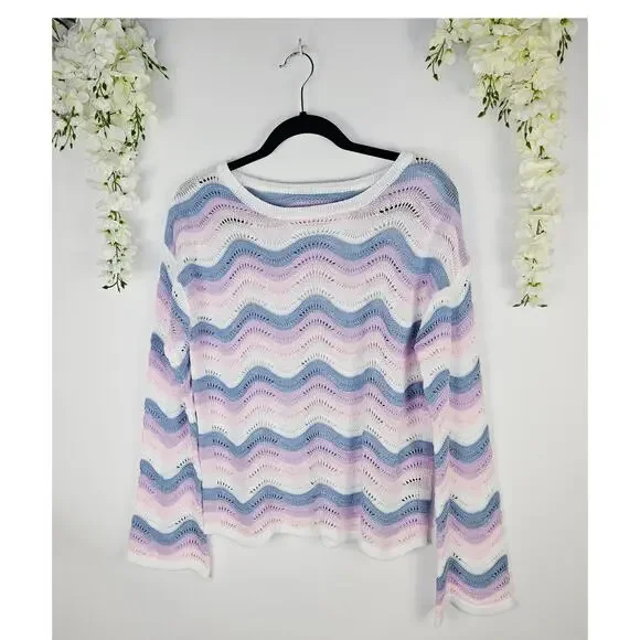 Pastel Wave Open Knit Sweater Large Cottage Y2K Soft Girl Lightweight Coquette - Picture 3 of 12
